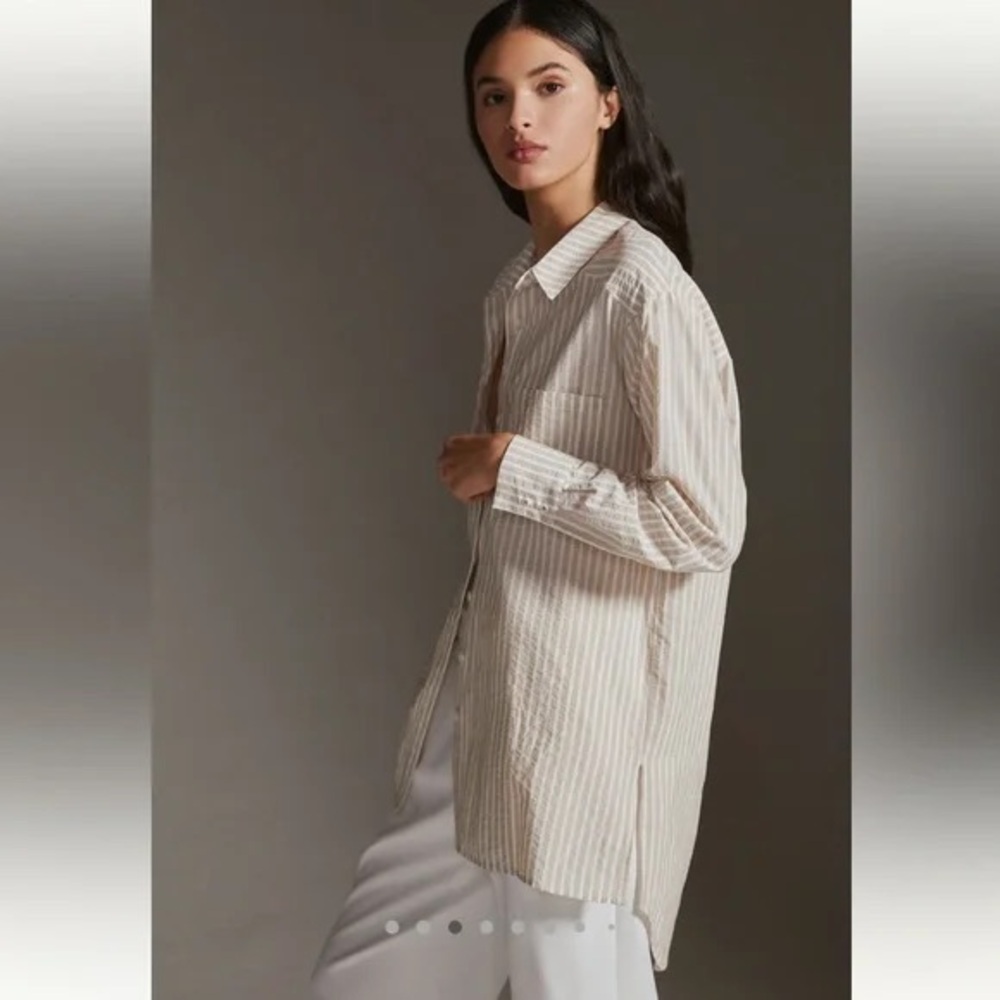 Anthropologie Beige and White Striped Shirt | Size M